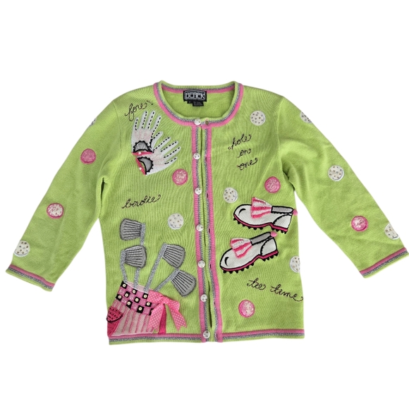 Berek Vintage Golf Themed Embroidered Cardigan Sweater 3D Knit Medium - Picture 1 of 10